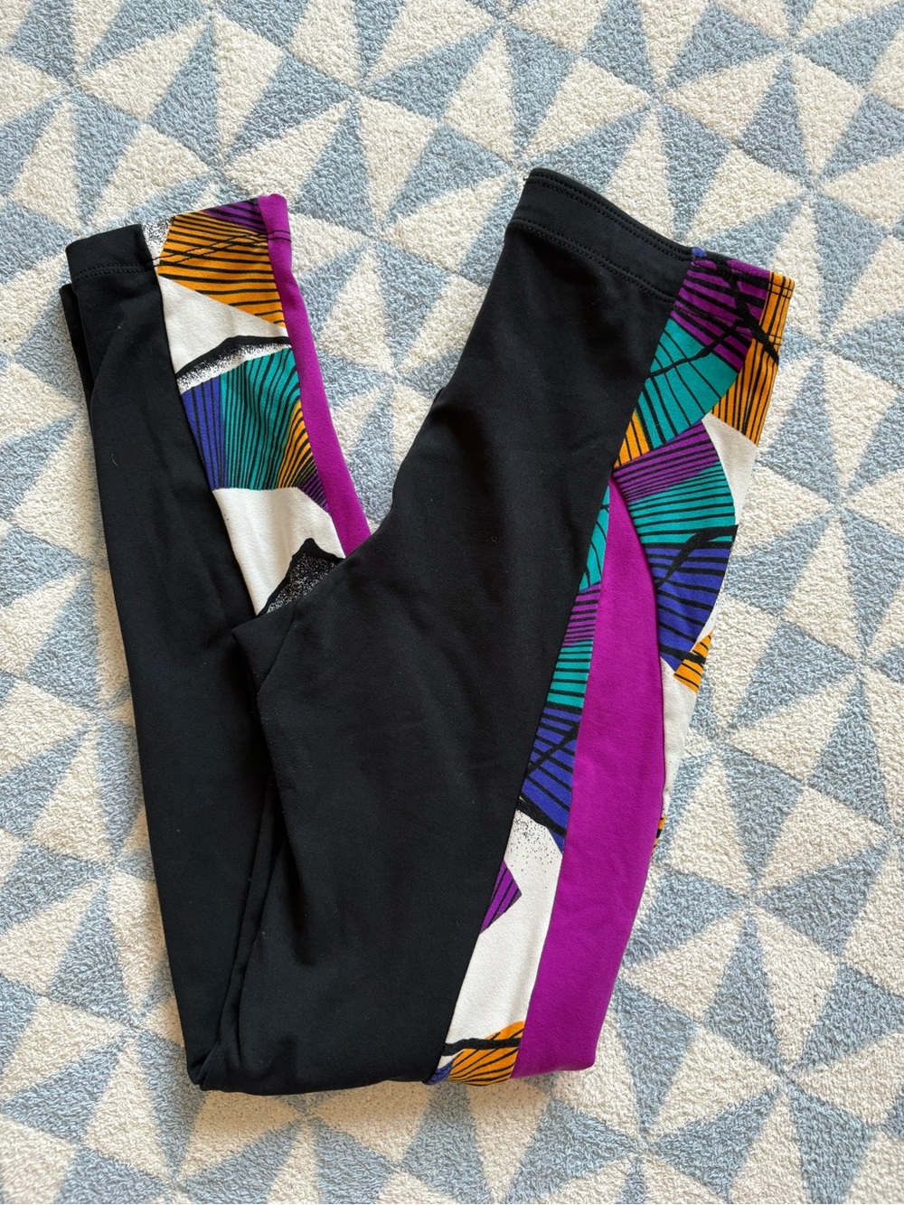 Danskin Black Leggings with Purple, Teal & Gold Patterned Panels